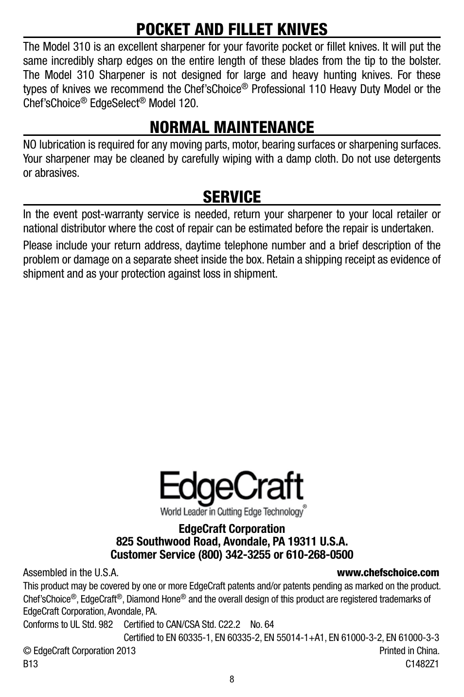 Pocket and fillet knives, Normal maintenance, Service | Edgecraft Chef's Choice 310 User Manual | Page 8 / 8