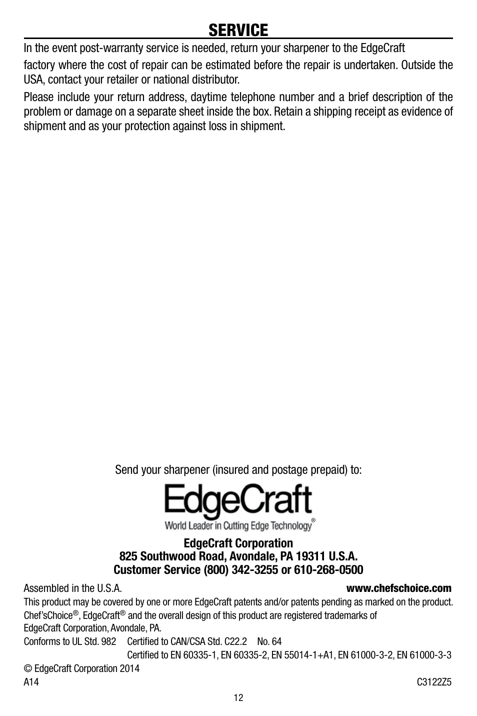 Service | Edgecraft Chef's Choice 312 User Manual | Page 12 / 12