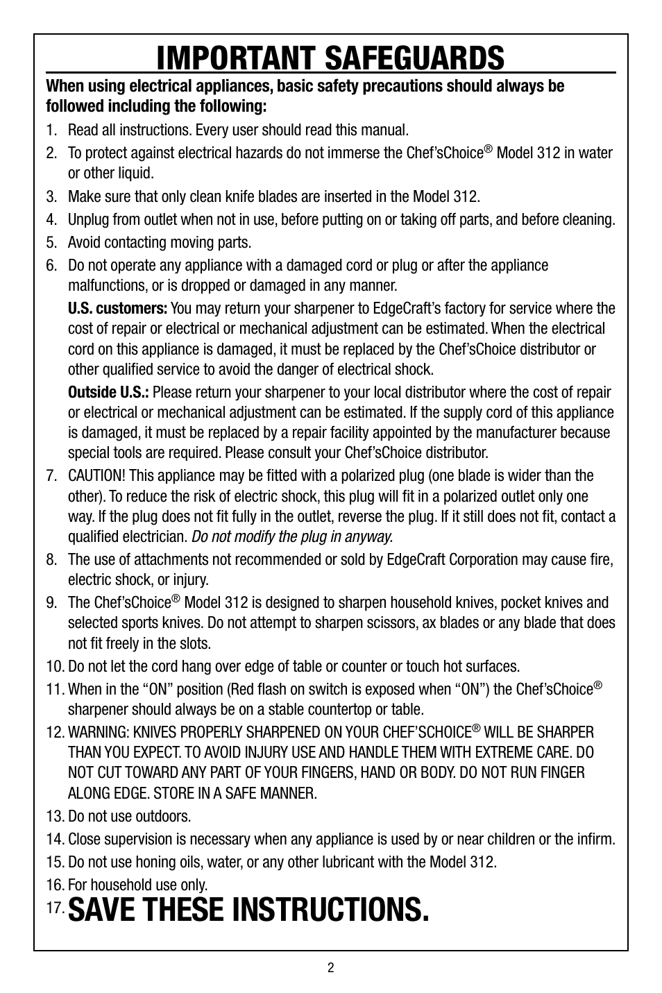 Important safeguards, Save these instructions | Edgecraft Chef's Choice 312 User Manual | Page 2 / 12