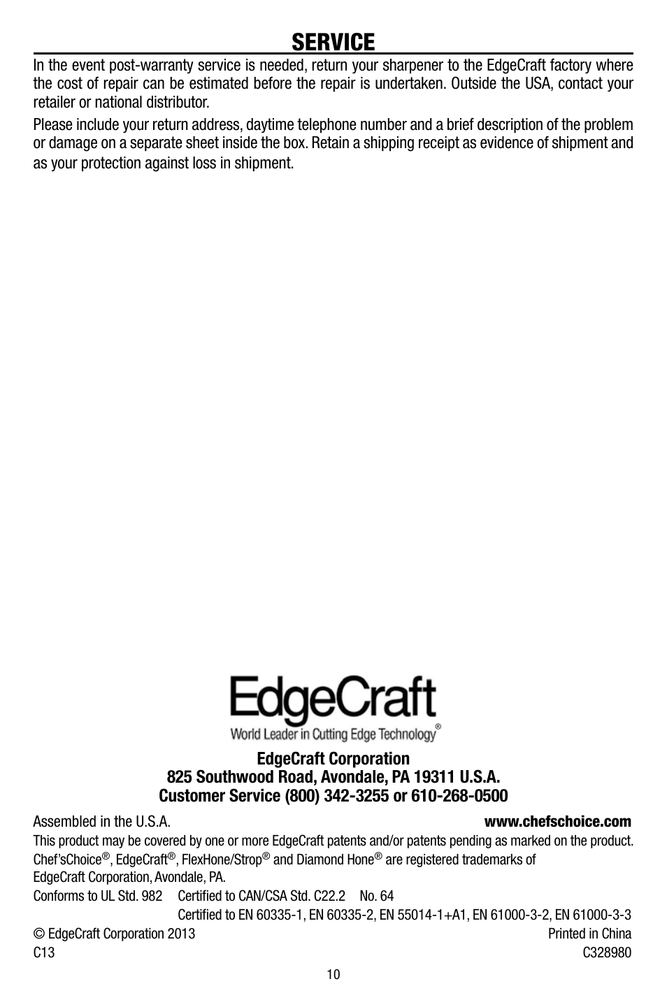 Service | Edgecraft Chef's Choice 320 User Manual | Page 10 / 10