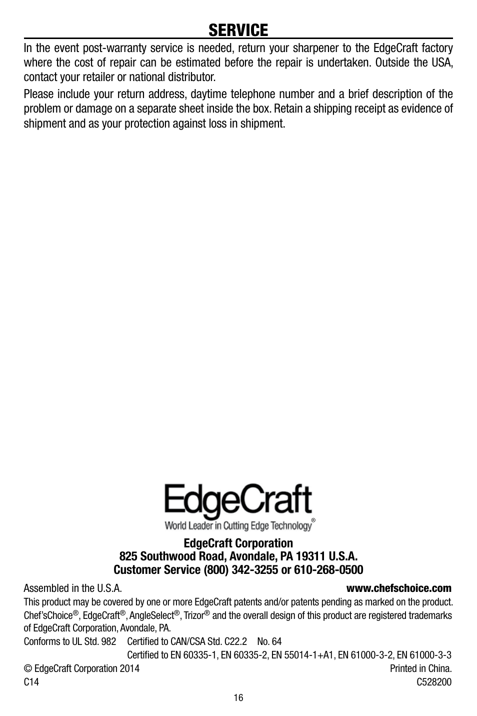 Service | Edgecraft Chef's Choice 1520 User Manual | Page 16 / 16