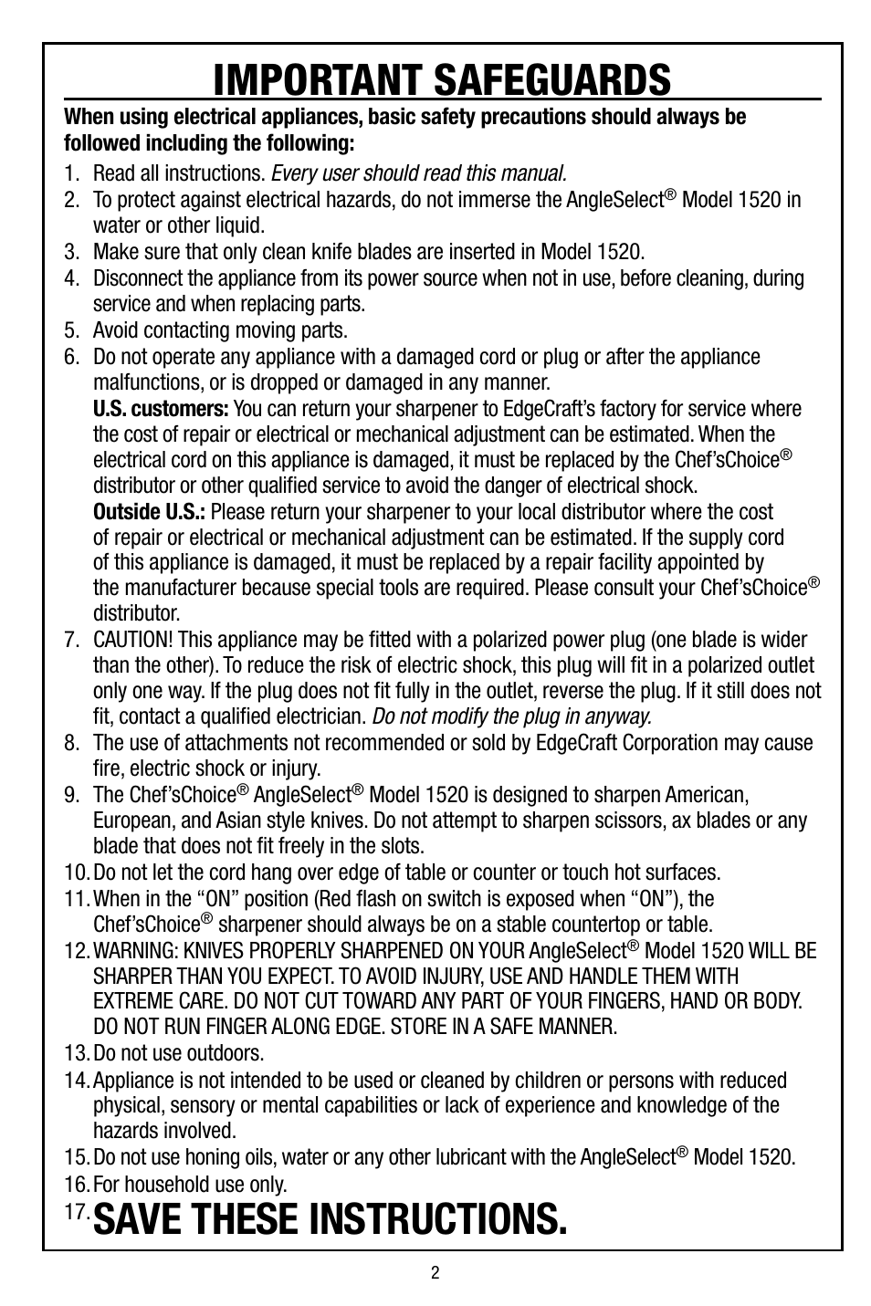 Important safeguards, Save these instructions | Edgecraft Chef's Choice 1520 User Manual | Page 2 / 16