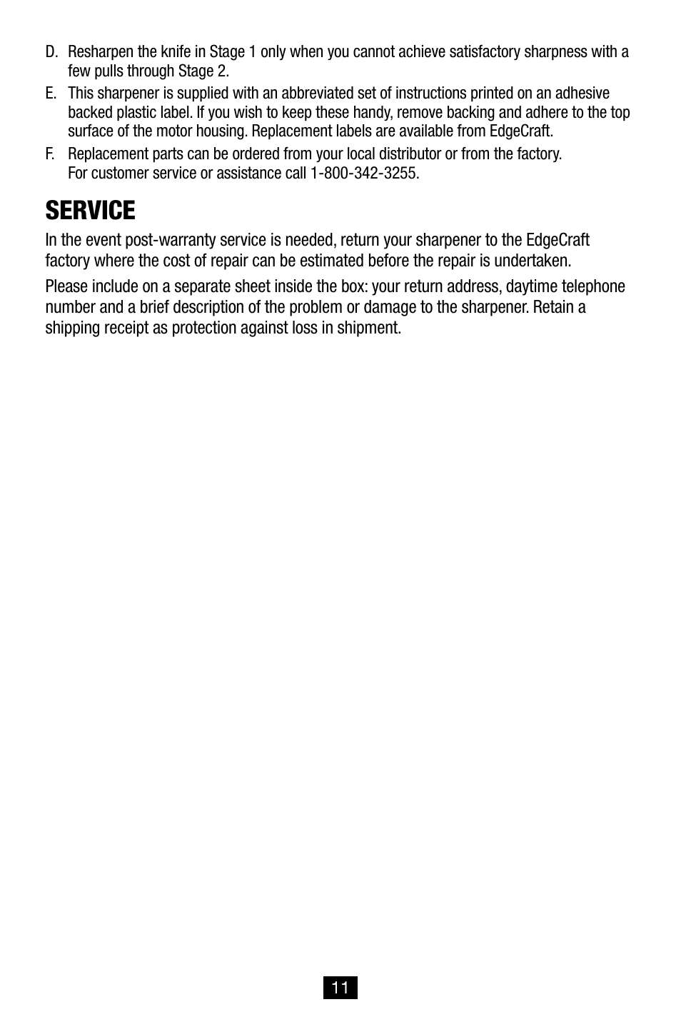 Service | Edgecraft Chef's Choice 2000 User Manual | Page 11 / 12