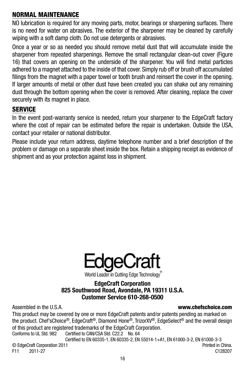 Normal maintenance, Service | Edgecraft Chef's Choice 15 User Manual | Page 16 / 16