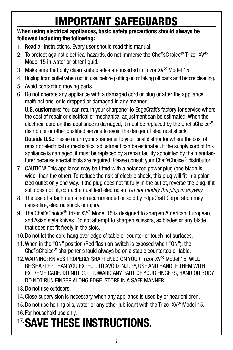 Important safeguards, Save these instructions | Edgecraft Chef's Choice 15 User Manual | Page 2 / 16