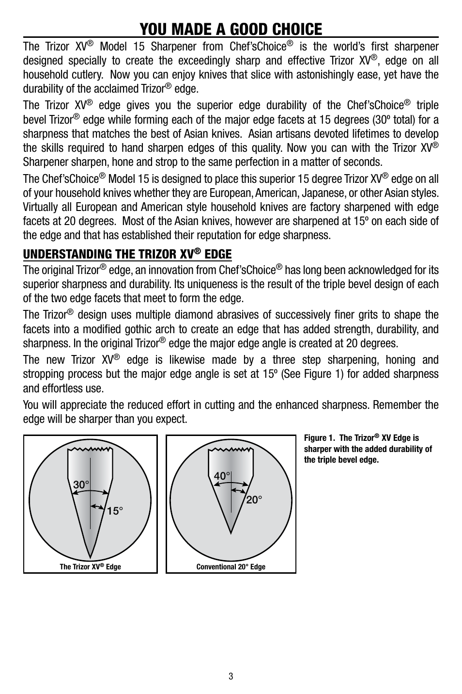 You made a good choice, Understanding the trizor xv, Edge | The trizor xv, Model 15 sharpener from chef’schoice, Edge. the trizor xv, Triple bevel trizor, The original trizor, Edge, an innovation from chef’schoice | Edgecraft Chef's Choice 15 User Manual | Page 3 / 16