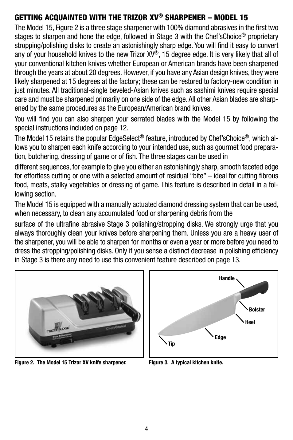 Getting acquainted with the trizor xv, Sharpener – model 15, Feature, introduced by chef’schoice | Edgecraft Chef's Choice 15 User Manual | Page 4 / 16