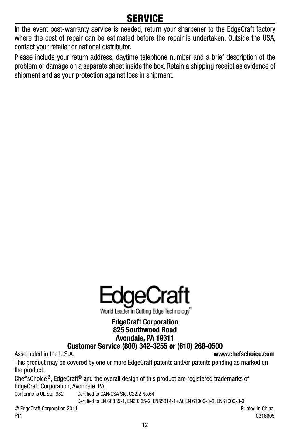 Service | Edgecraft Chef's Choice 316 User Manual | Page 12 / 12