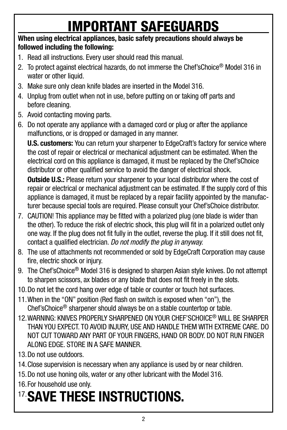 Important safeguards, Save these instructions | Edgecraft Chef's Choice 316 User Manual | Page 2 / 12