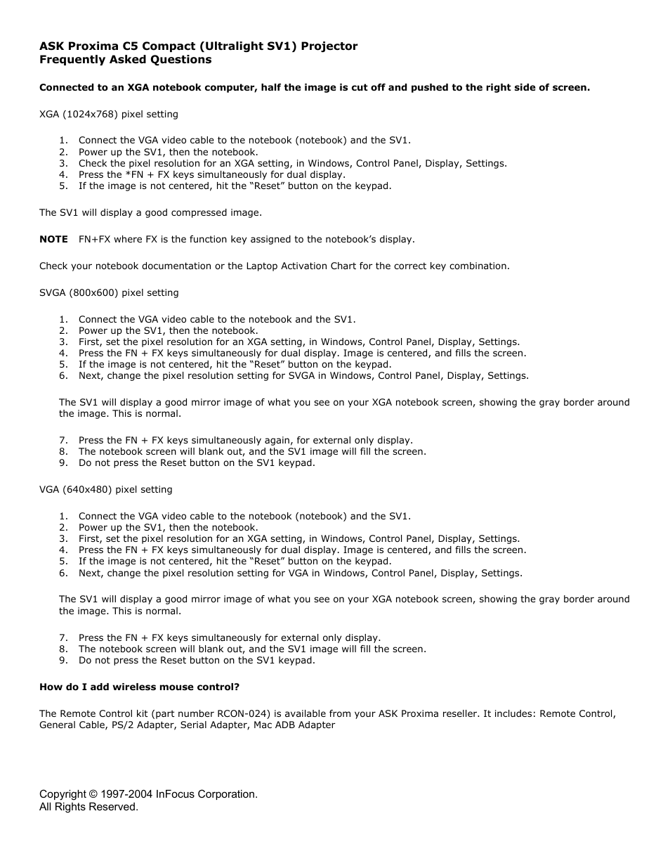 Ask Proxima C5 Compact (Ultralight SV1) User Manual | 1 page