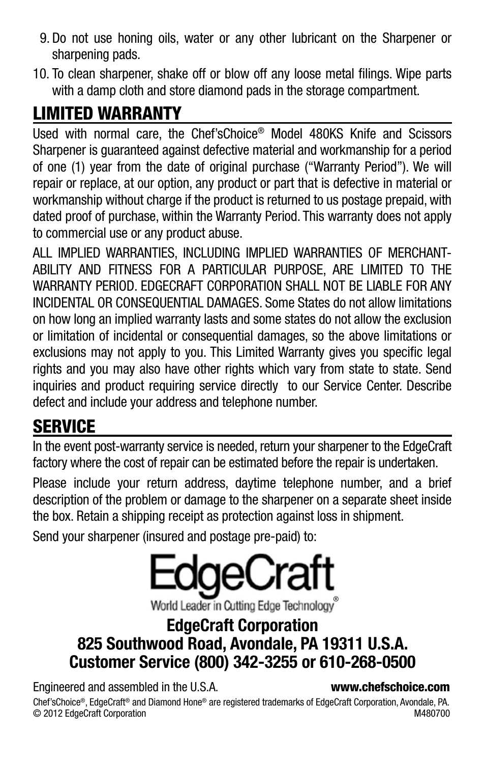 Limited warranty, Service | Edgecraft Chef's Choice 480KS User Manual | Page 12 / 12