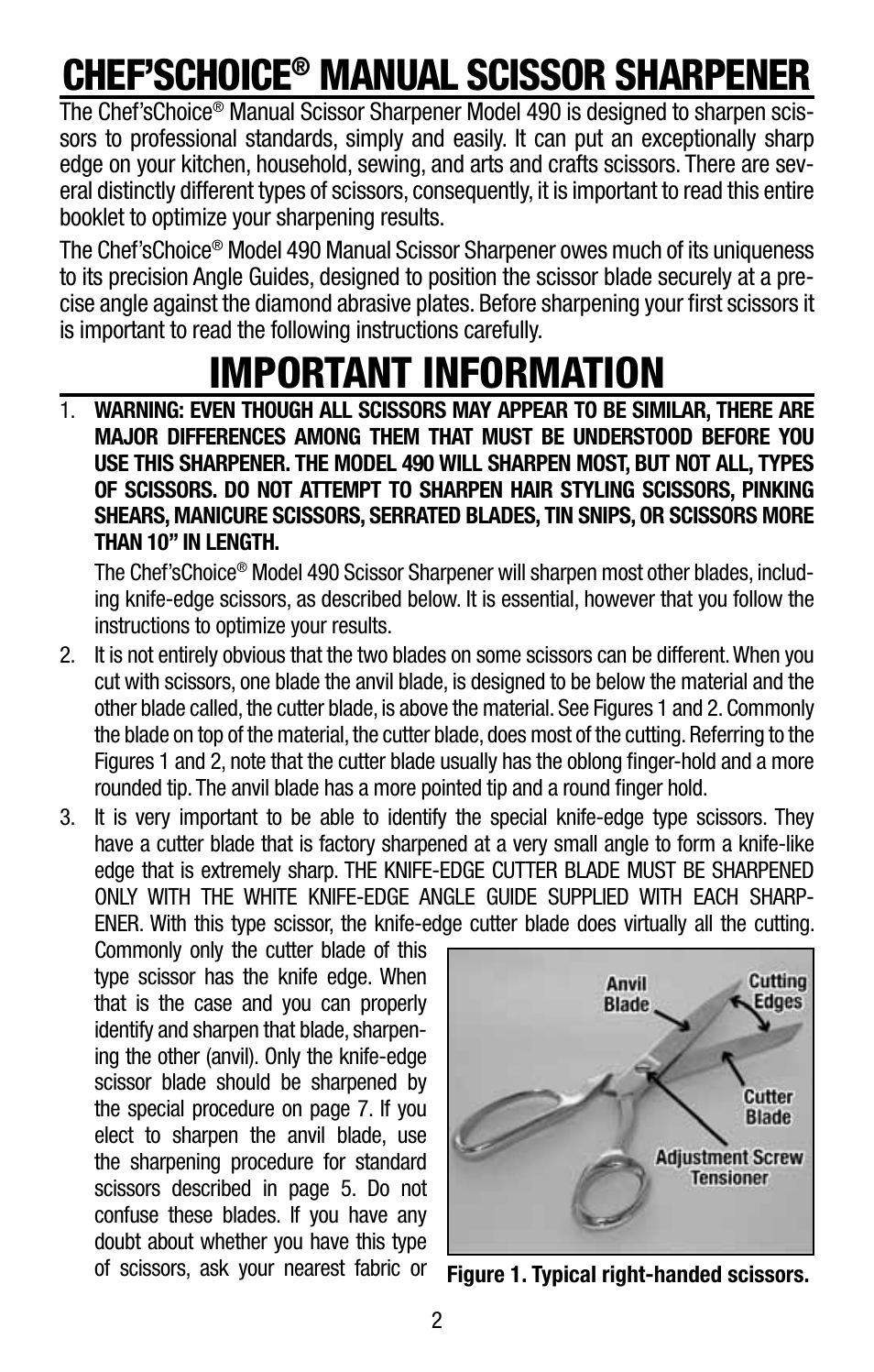 Chef’schoice, Manual scissor sharpener, Important information | Edgecraft Chef's Choice 490 User Manual | Page 2 / 8