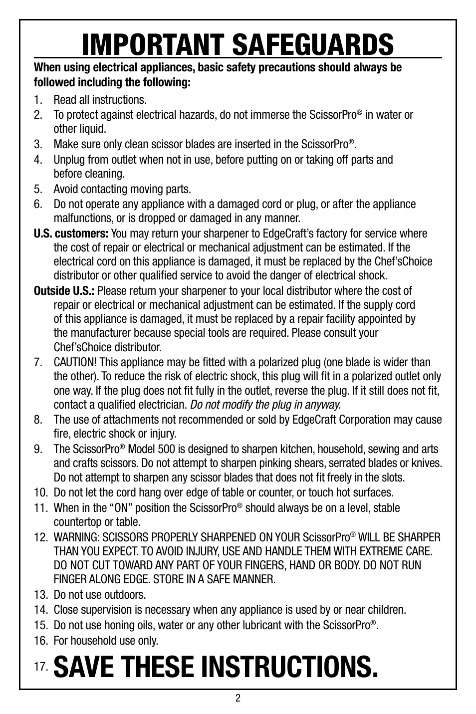 Important safeguards, Save these instructions | Edgecraft ScissorPro 500 User Manual | Page 2 / 8