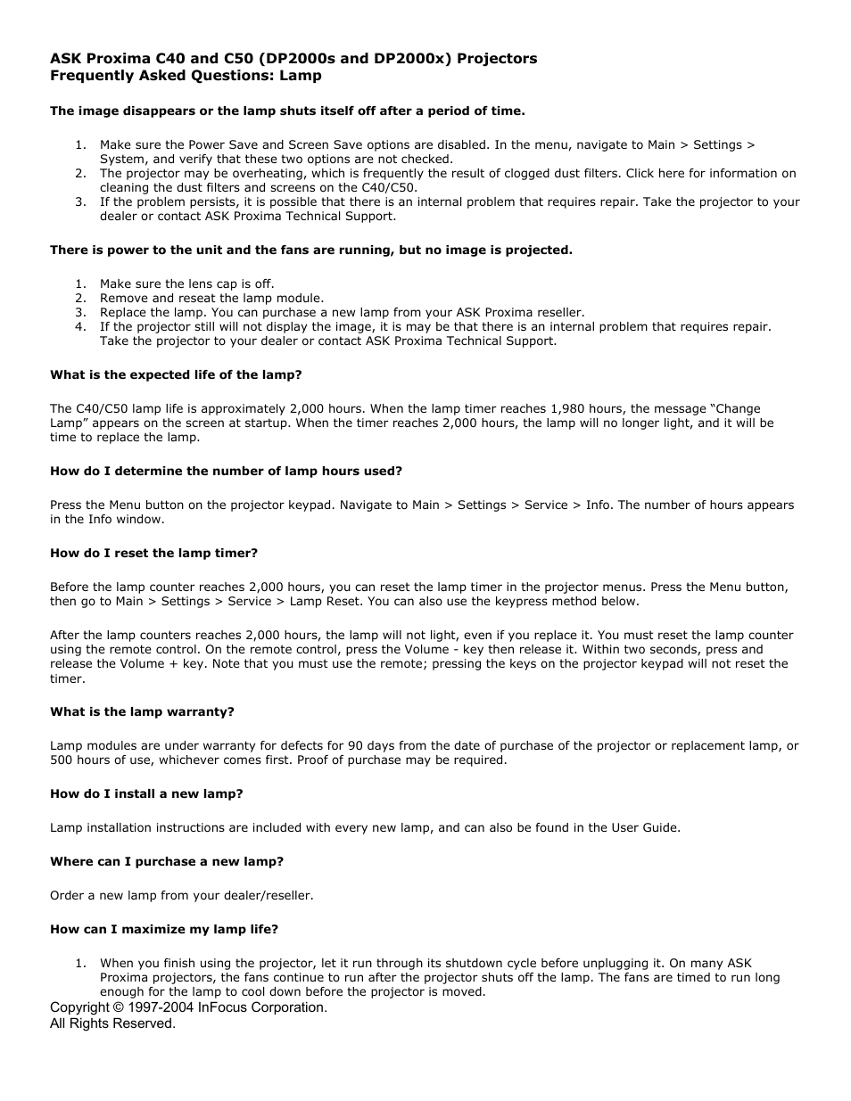 Ask Proxima C40 User Manual | 2 pages