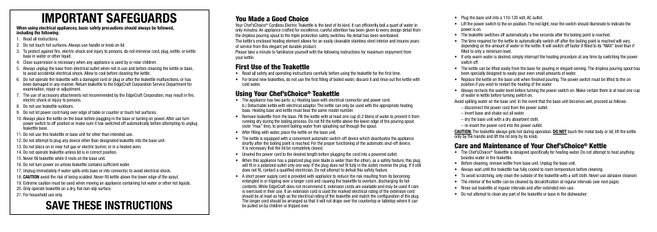 685 manual gb 4, Important safeguards, Save these instructions | Care and maintenance of your chef’schoice, Kettle, You made a good choice, First use of the teakettle, Using your chef’schoice, Teakettle | Edgecraft Chef's Choice 685 User Manual | Page 4 / 6