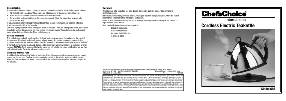685 manual gb 5, Cordless electric teakettle, Model 685 | Service | Edgecraft Chef's Choice 685 User Manual | Page 5 / 6