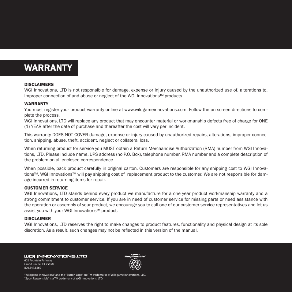 Warranty | Wildgame Innovations NLB User Manual | Page 4 / 4