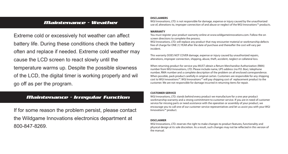 Pd1-timer-booklet-pg7, Maintenance - weather, Maintenance - irregular function | Wildgame Innovations PD1 User Manual | Page 8 / 9