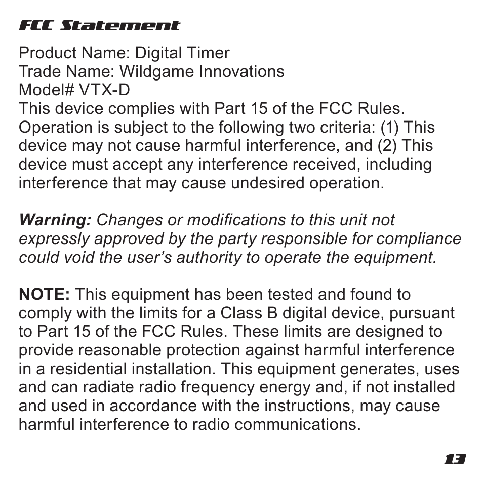 Wildgame Innovations VTX-D User Manual | Page 13 / 16