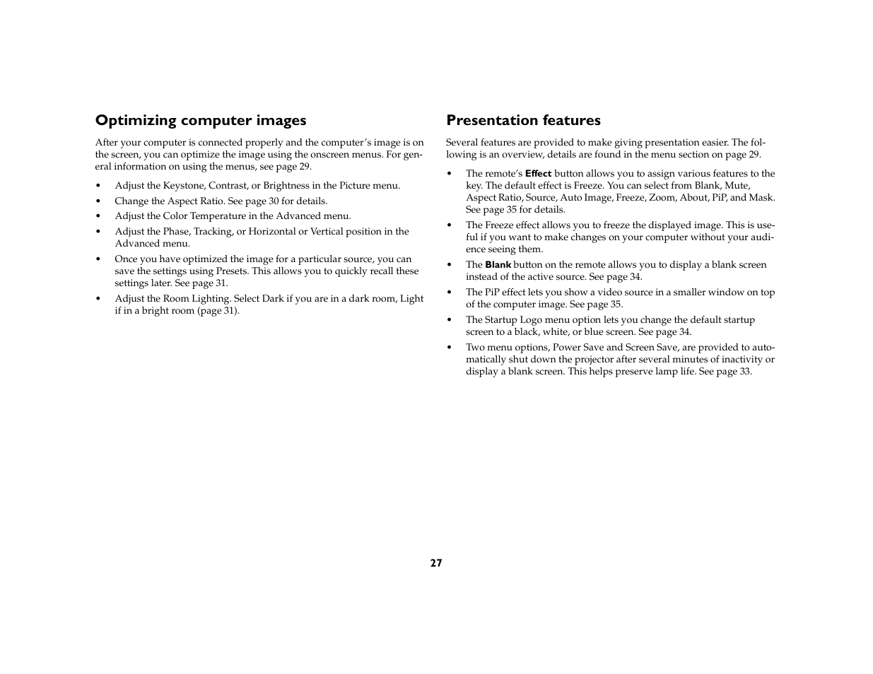 Optimizing computer images, Presentation features | Ask Proxima C180 UG User Manual | Page 28 / 49