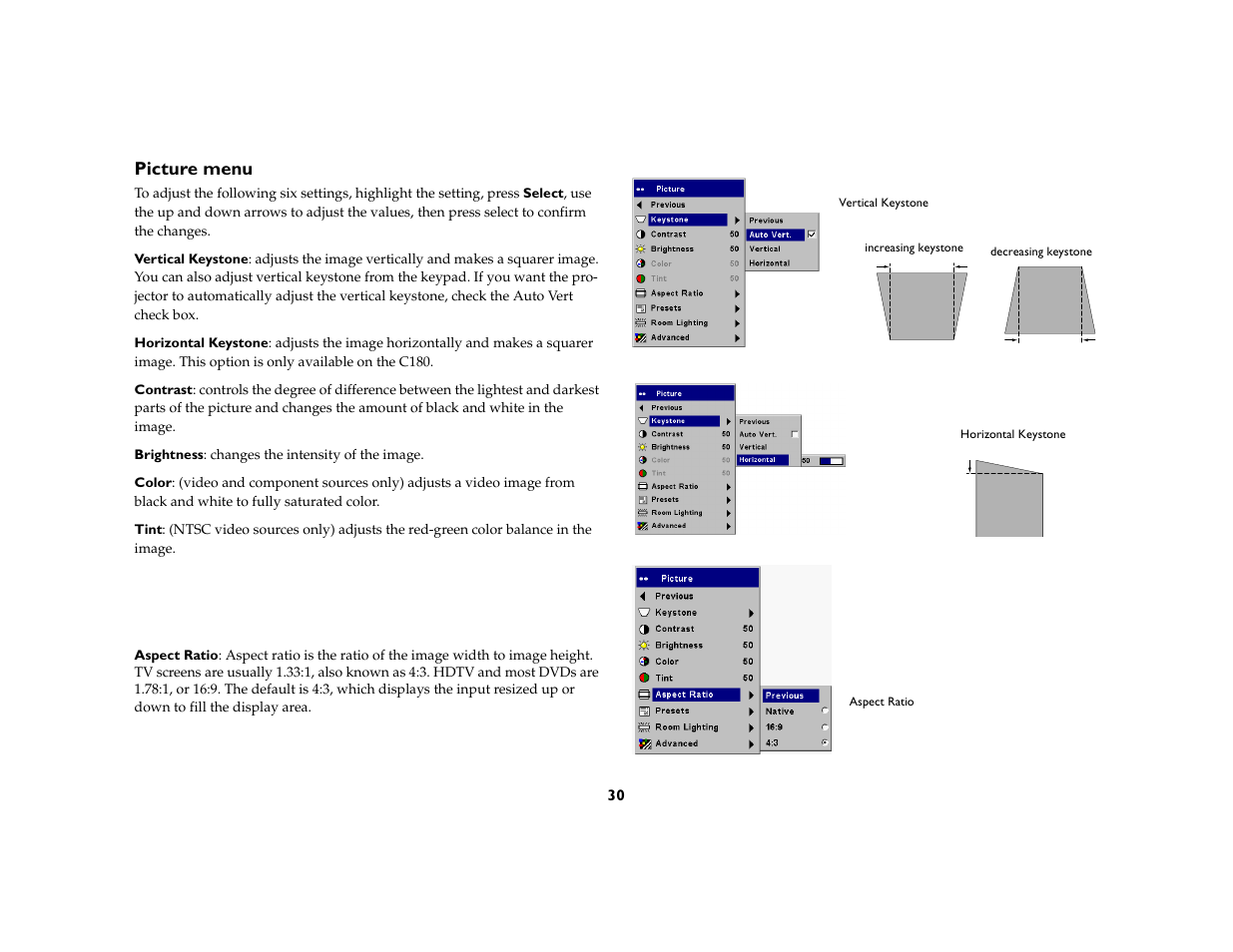 Picture menu | Ask Proxima C180 UG User Manual | Page 31 / 49