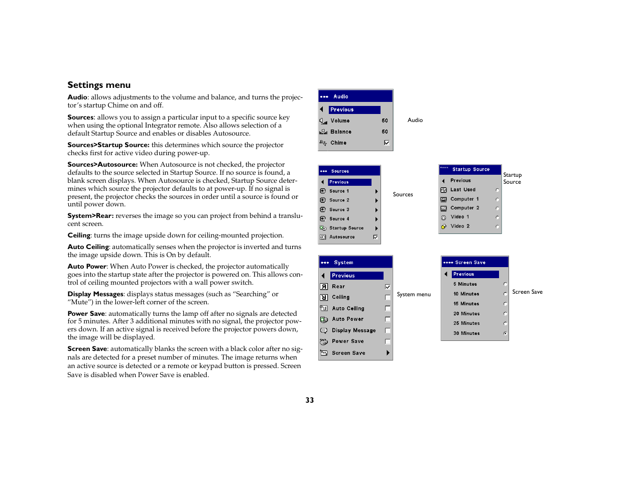 Settings menu | Ask Proxima C180 UG User Manual | Page 34 / 49