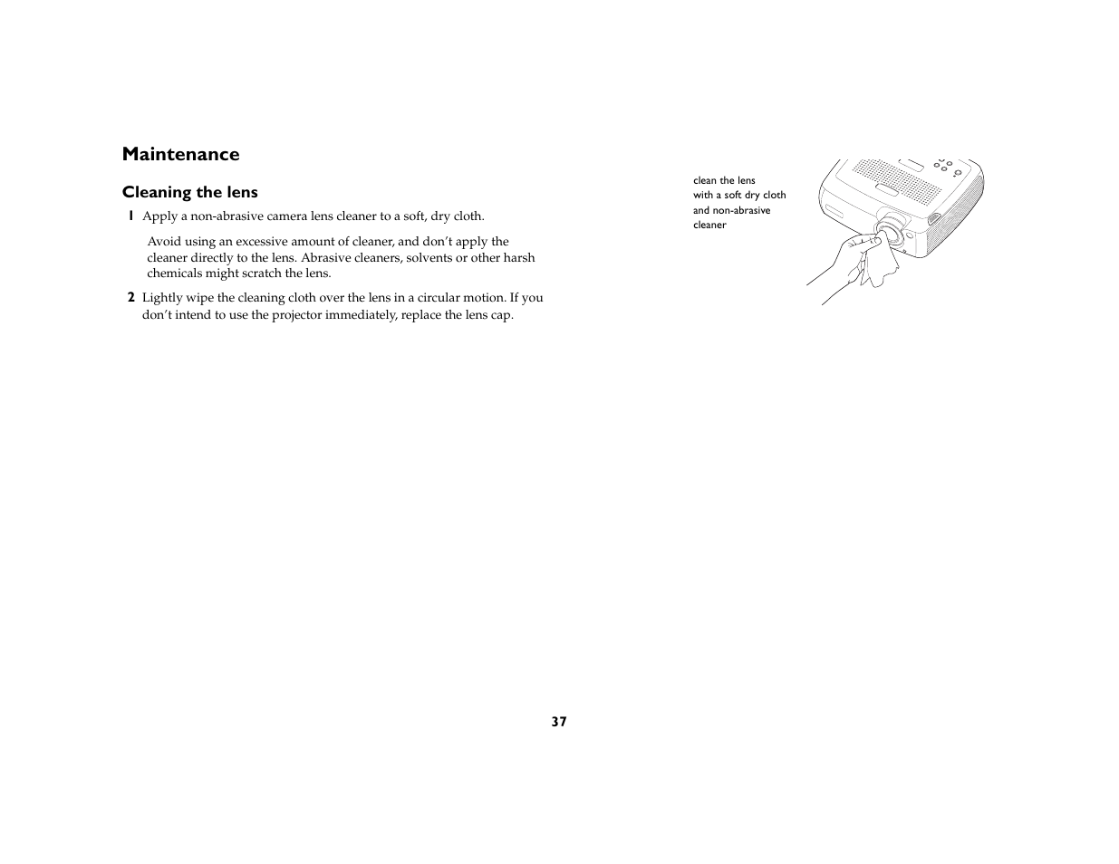 Maintenance, Cleaning the lens | Ask Proxima C180 UG User Manual | Page 38 / 49