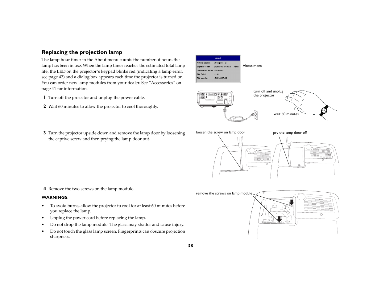 Replacing the projection lamp | Ask Proxima C180 UG User Manual | Page 39 / 49