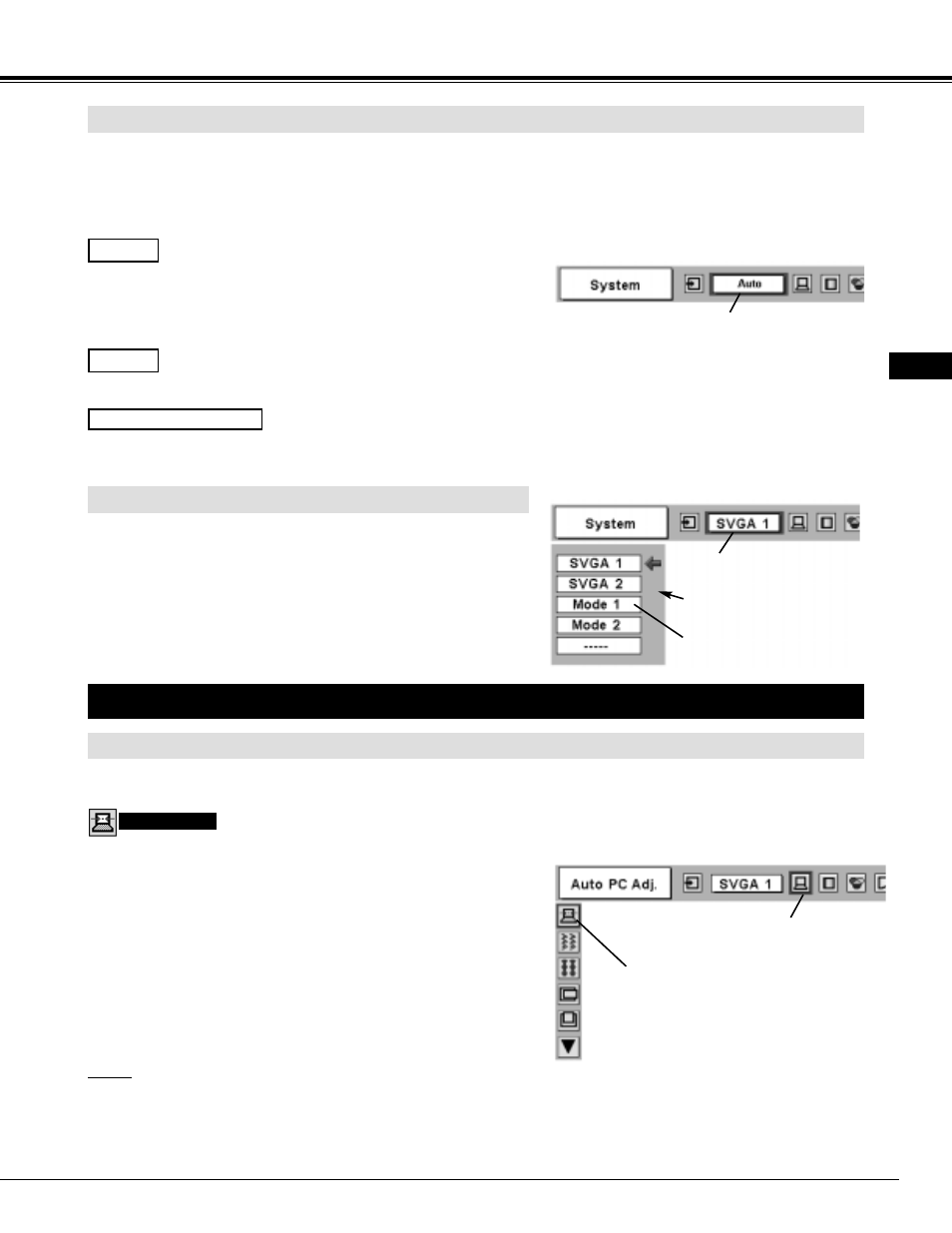 Pc adjustment, Computer input, Select computer system manually | Auto pc adjustment, Automatic multi-scan system | Ask Proxima 9290 User Manual | Page 23 / 46