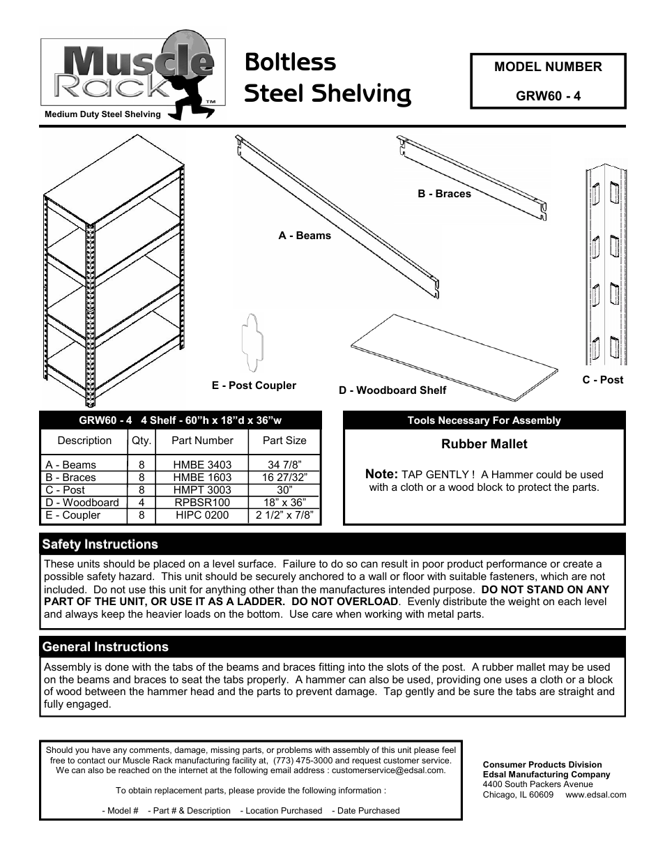 Edsal GRW60-4 User Manual | 2 pages