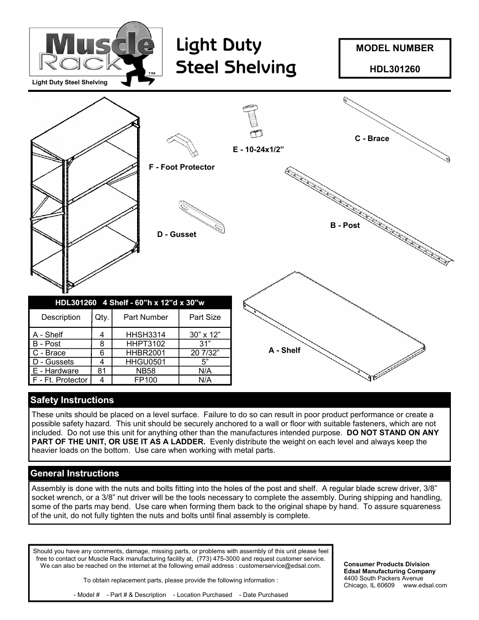 Edsal HDL301260 User Manual | 2 pages