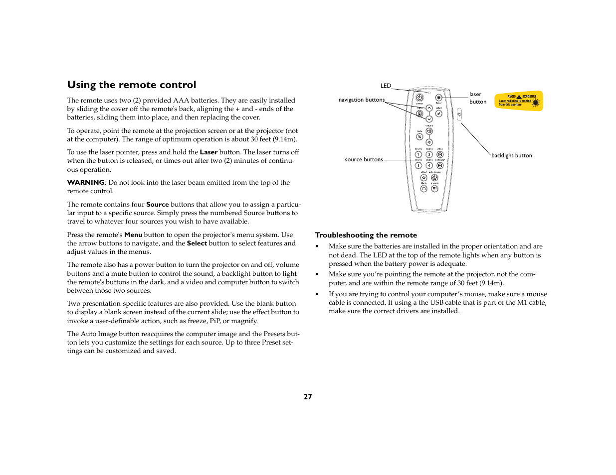 Using the remote control | Ask Proxima C450 Projectors User Manual | Page 27 / 59