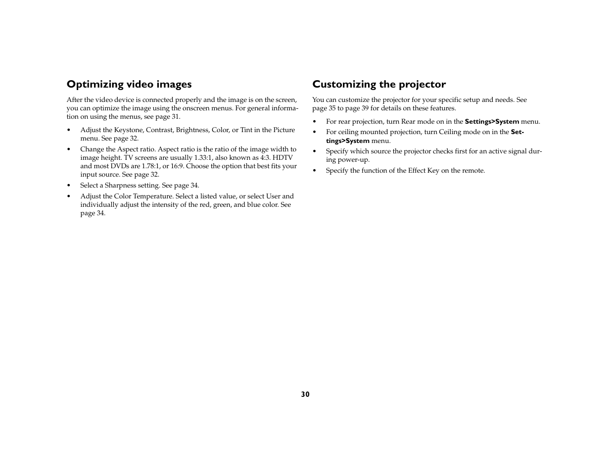 Optimizing video images, Customizing the projector | Ask Proxima C450 Projectors User Manual | Page 30 / 59