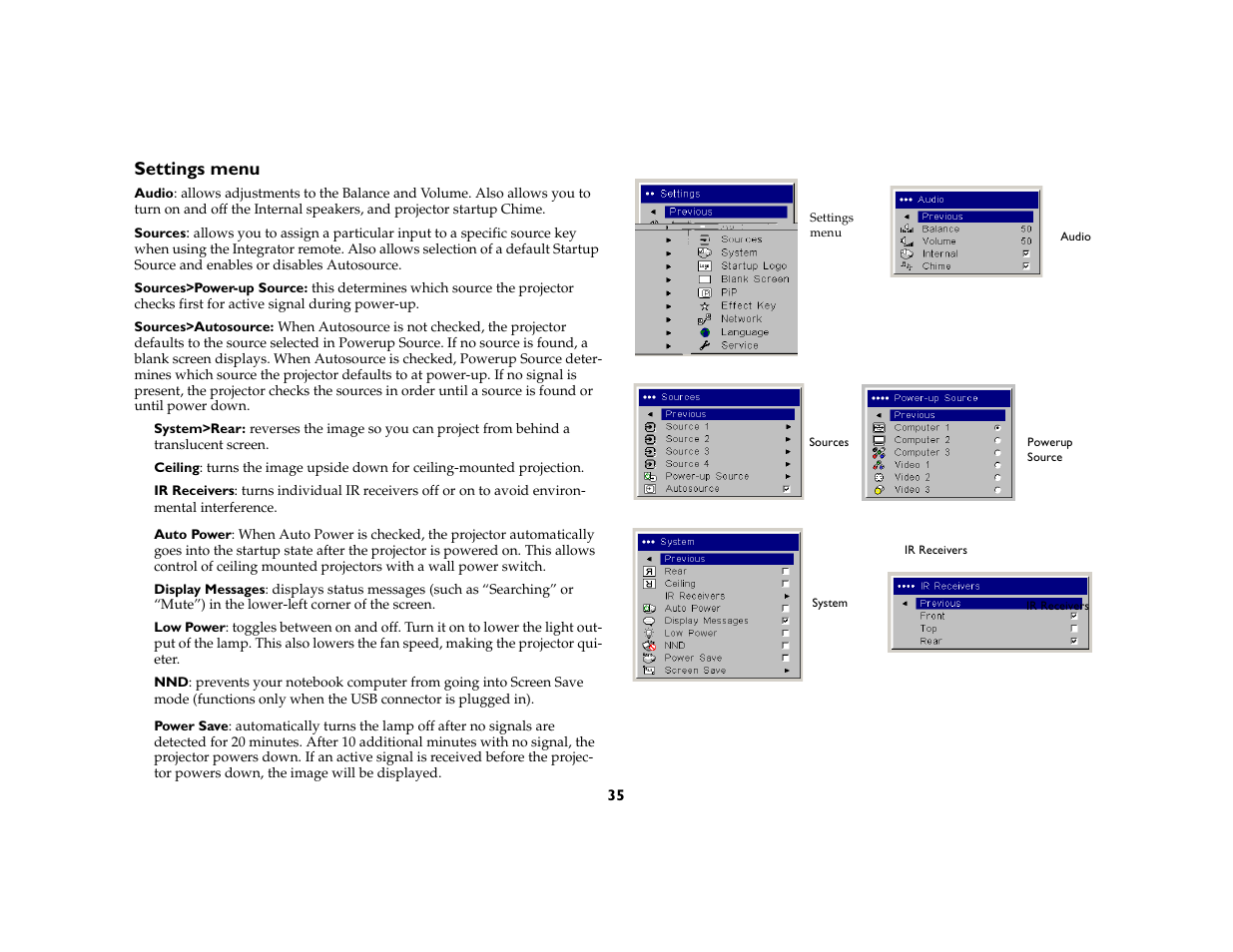 Settings menu | Ask Proxima C450 Projectors User Manual | Page 35 / 59