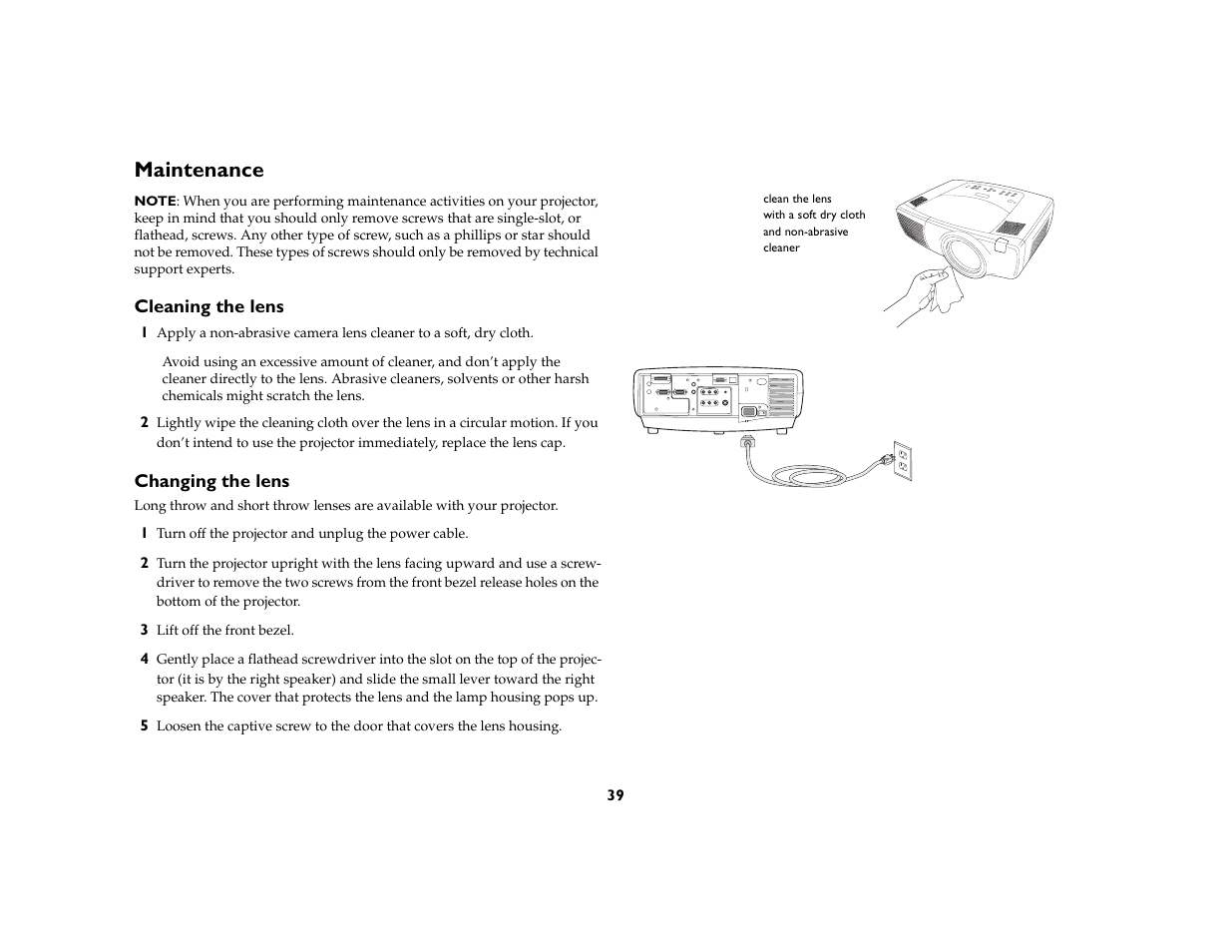 Maintenance, Cleaning the lens, Changing the lens | Maintenance 39 | Ask Proxima C450 Projectors User Manual | Page 39 / 59