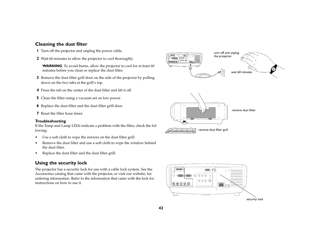 Cleaning the dust filter, Using the security lock | Ask Proxima C450 Projectors User Manual | Page 42 / 59