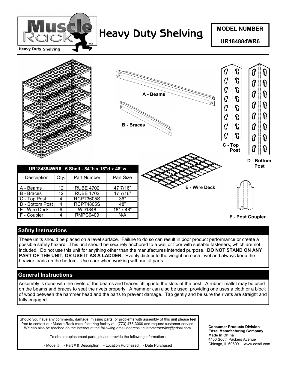 Edsal UR184884WR6 User Manual | 2 pages