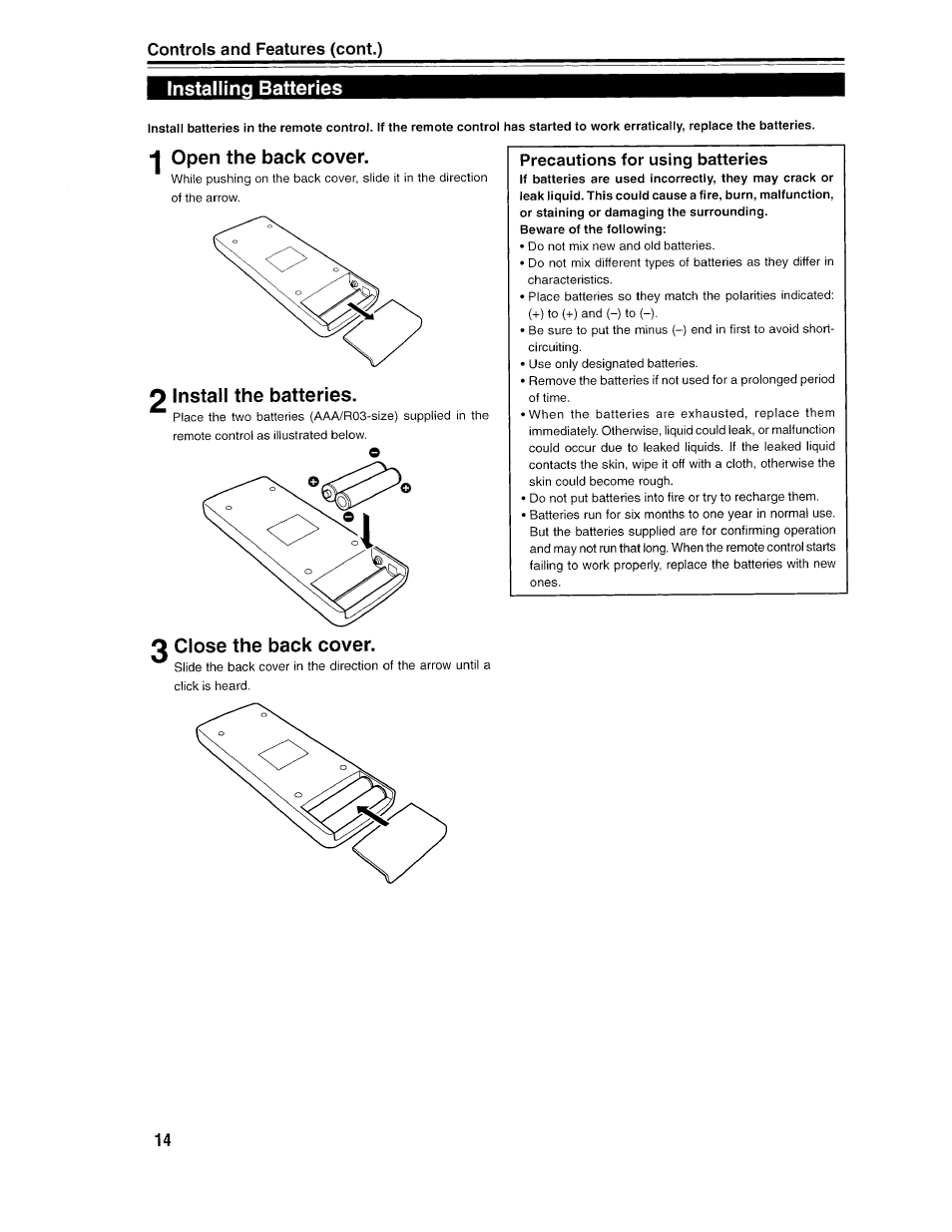 Installing batteries, Open the back cover, Install the batteries | Close the back cover, Controls and features (cont.), Precautions for using batteries | Ask Proxima D-ILATM Pro AV SX1 User Manual | Page 14 / 57