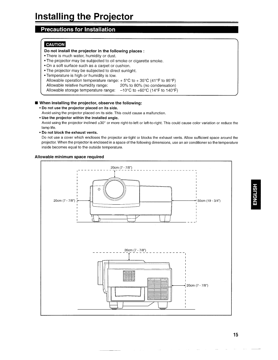 Installing the projector, Precautions for installation | Ask Proxima D-ILATM Pro AV SX1 User Manual | Page 15 / 57