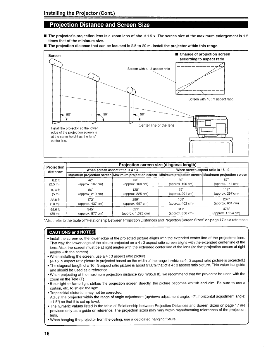 Projection distance and screen size, Installing the projector (cont.) | Ask Proxima D-ILATM Pro AV SX1 User Manual | Page 16 / 57