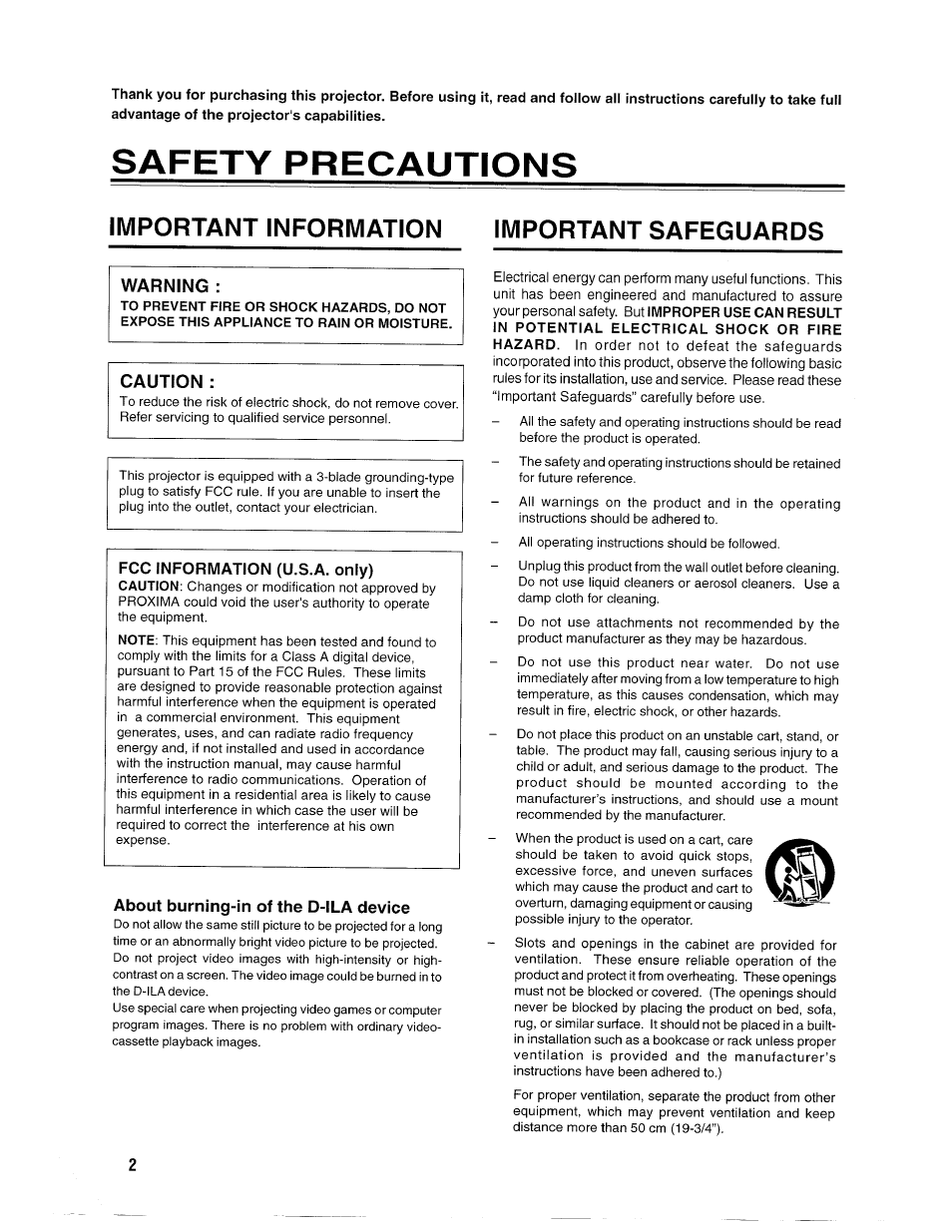 Safety precautions, Important information important safeguards, Warning | Caution, About burning-in of the d-ila device | Ask Proxima D-ILATM Pro AV SX1 User Manual | Page 2 / 57