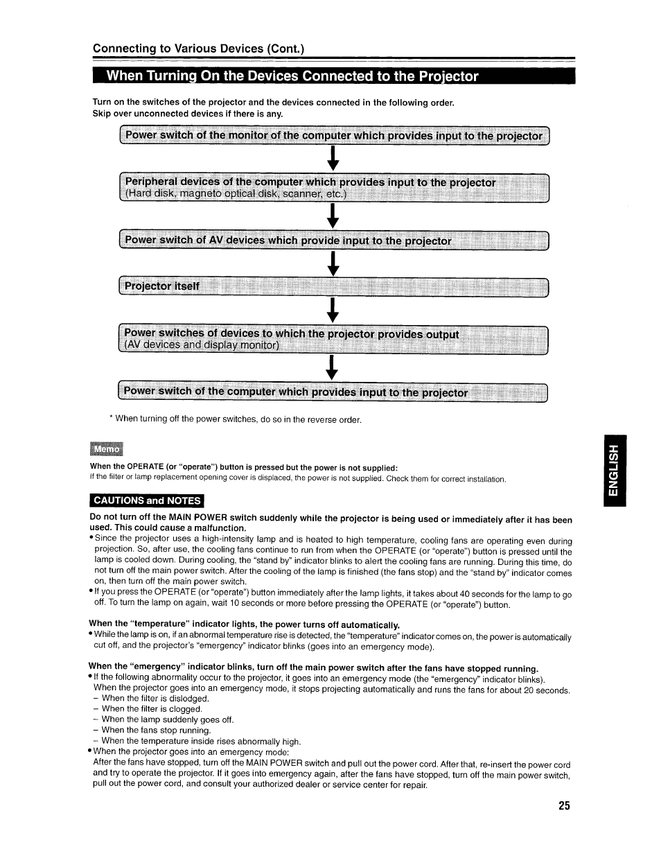 When turning on the devices connected to the, Projector, Connecting to various devices (cont.) | Ask Proxima D-ILATM Pro AV SX1 User Manual | Page 25 / 57