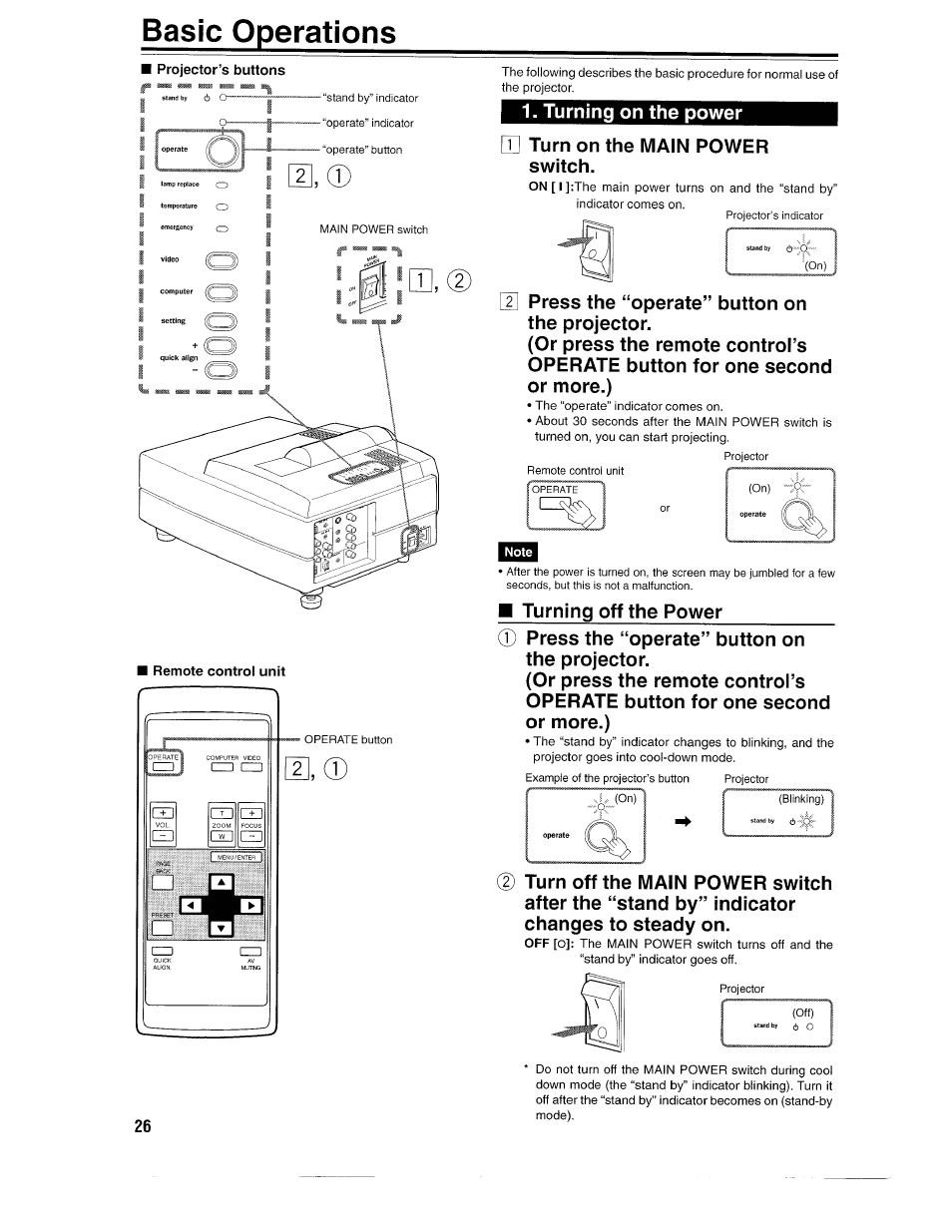 Basic operations, Projector’s buttons, Basic o perations | Ask Proxima D-ILATM Pro AV SX1 User Manual | Page 26 / 57