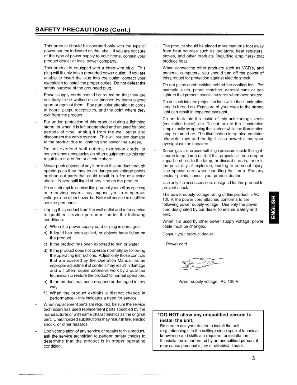 Safety precautions (cont.) | Ask Proxima D-ILATM Pro AV SX1 User Manual | Page 3 / 57