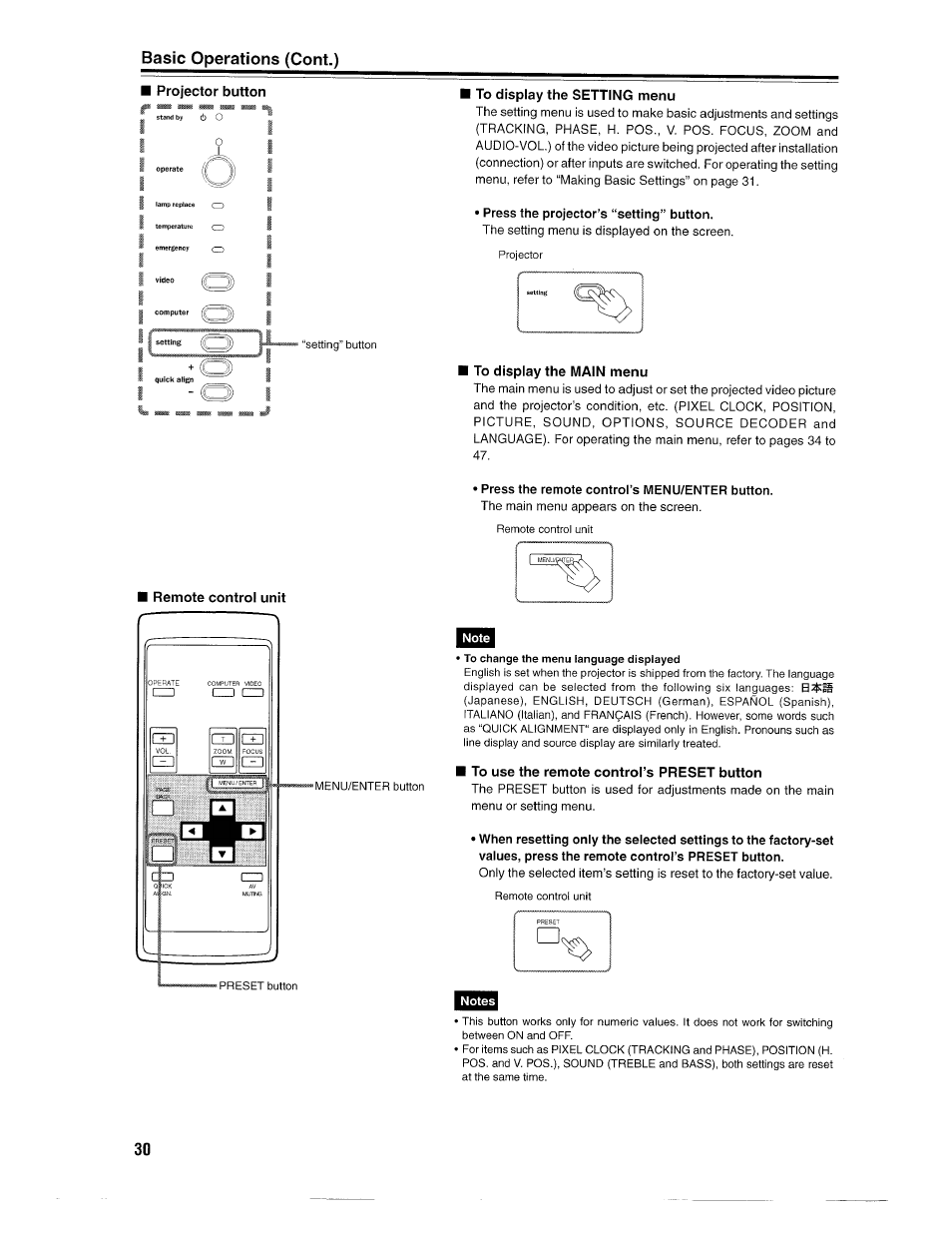 Press the projector’s “setting” button, Press the remote control’s menu/enter button, Basic operations (cont.) | Ask Proxima D-ILATM Pro AV SX1 User Manual | Page 30 / 57