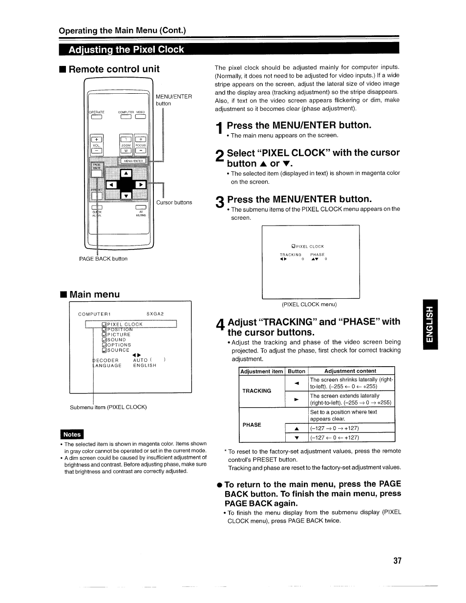 Adjusting the pixel clock, Remote control unit, Press the menu/enter button | 0 press the menu/enter button, Main menu, Adjusting the pixel clock remote control unit, Operating the main menu (cent.) | Ask Proxima D-ILATM Pro AV SX1 User Manual | Page 37 / 57