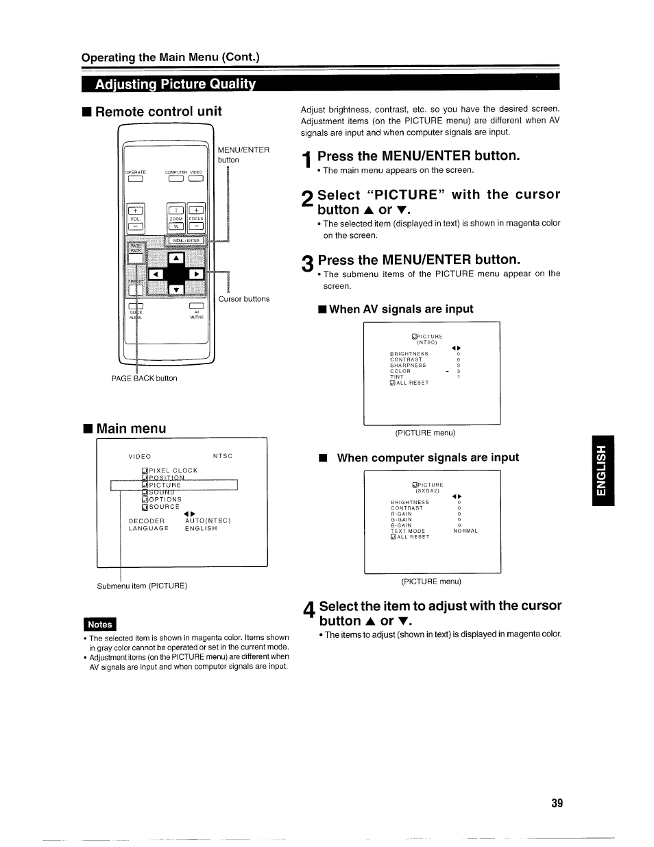 Adjusting picture quality, Press the menu/enter button, O select “picture” with the cursor ^ button ▲ or | 2 press the menu/enter button, Operating the main menu (cent.) | Ask Proxima D-ILATM Pro AV SX1 User Manual | Page 39 / 57