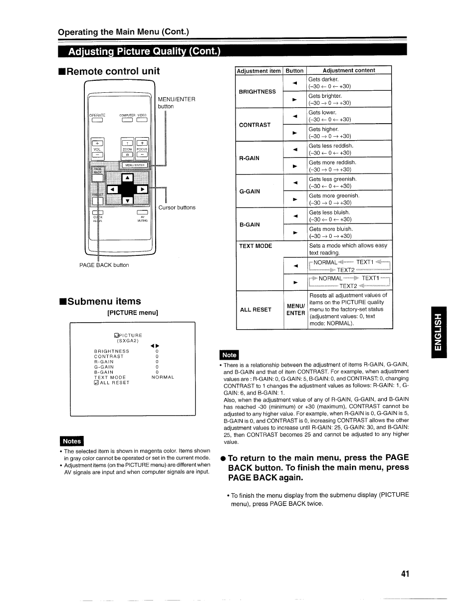 Adjusting picture quality (cent.), I remote control unit, Submenu items | Operating the main menu (cent.) | Ask Proxima D-ILATM Pro AV SX1 User Manual | Page 41 / 57