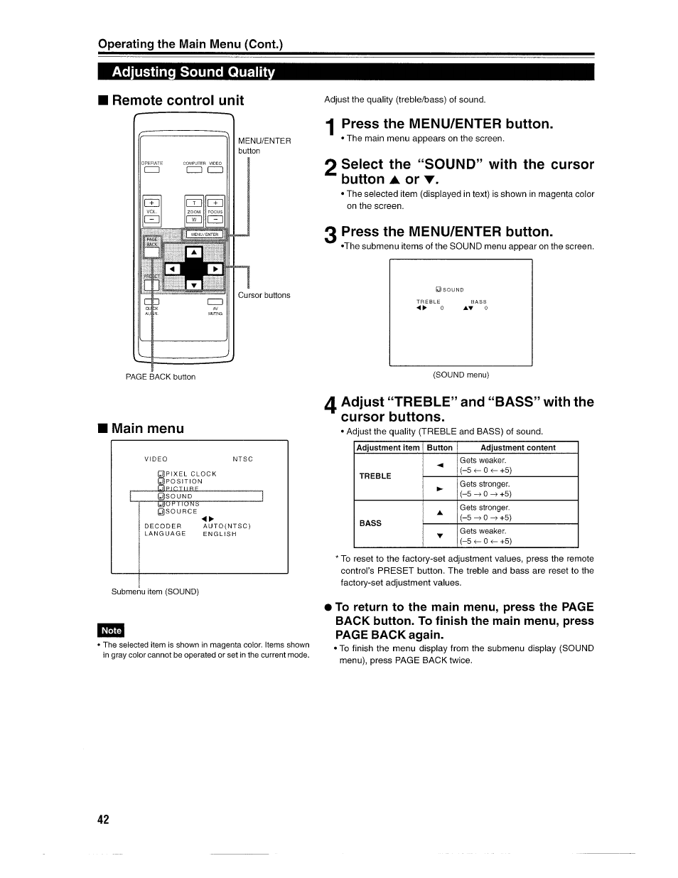 Adjusting sound quality, Remote control unit, Press the menu/enter button | 2 select the “sound” with the cursor ^ button a or, 3 press the menu/enter button, Main menu, Adjusting sound quality remote control unit | Ask Proxima D-ILATM Pro AV SX1 User Manual | Page 42 / 57