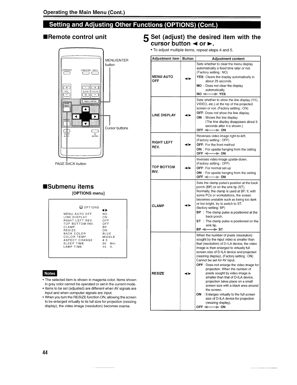 Remote control unit, Submenu items, Set (adjust) the desired item with the | Cursor button ◄ or, Operating the main menu (cent.) | Ask Proxima D-ILATM Pro AV SX1 User Manual | Page 44 / 57